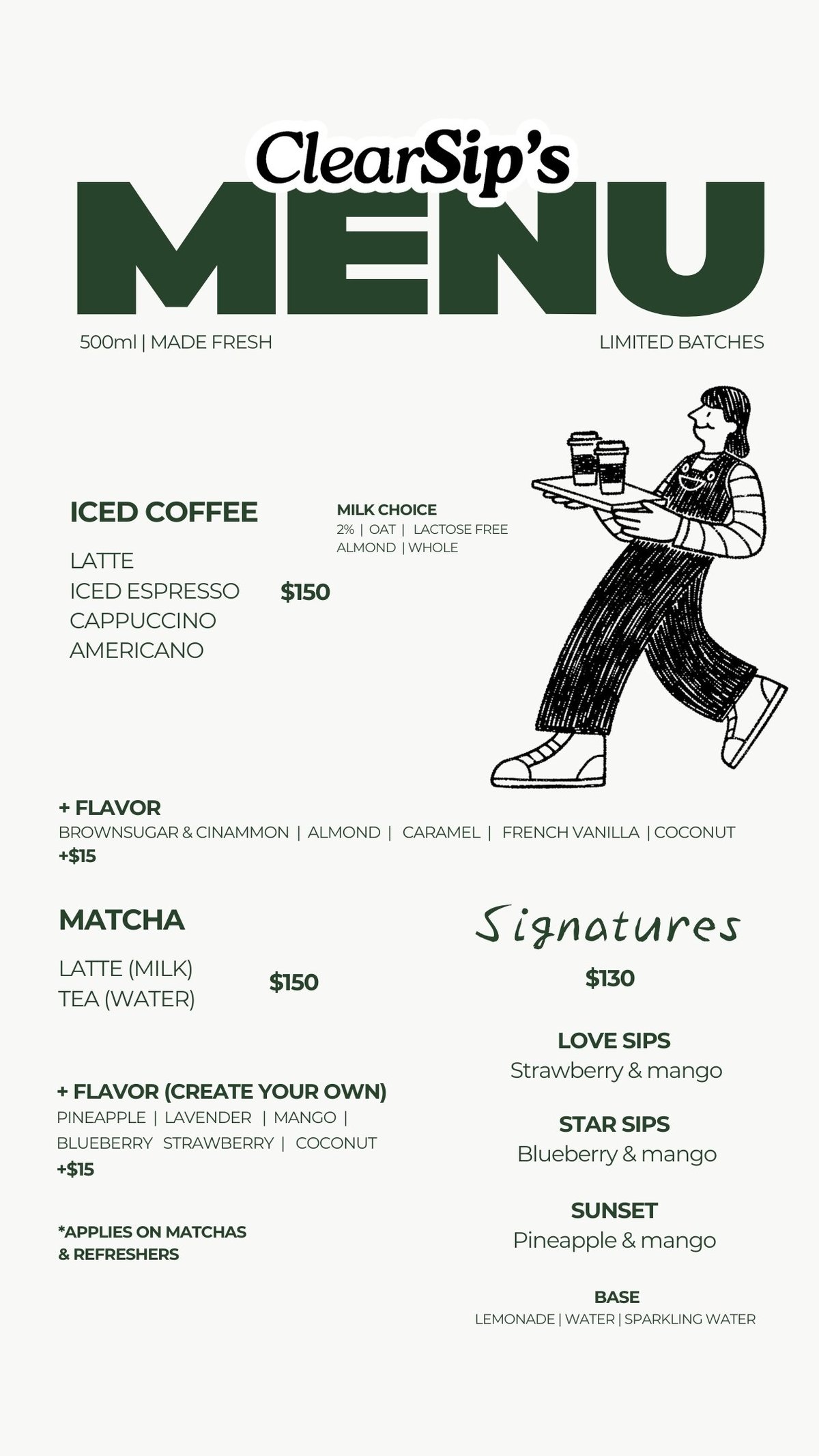 ClearSips menu featuring iced coffee, matcha, and signature drinks with pricing and flavor options