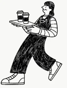 Black and white illustration of a person in an apron carrying a tray with two cups of coffee while walking
