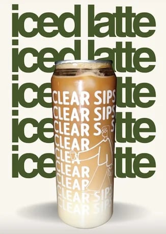 Tall can of Clear Sip iced latte coffee drink on green text background