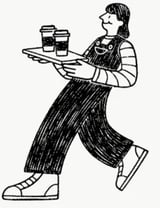 Line drawing of a server or barista in overalls carrying a tray with two cups of coffee